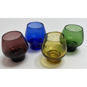 4 Vintage 1960s Multi Colored Etched Cordial Glasses 2” Miniature - VGUC (Read)